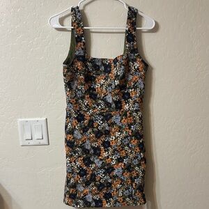 Trixxi Olive Floral Square-Neck Mini Dress with Orange & Cream Blooms